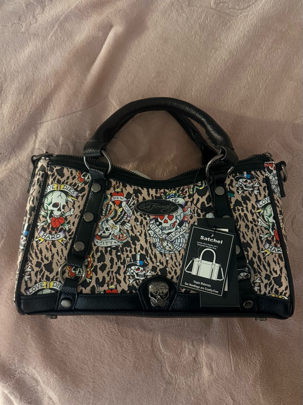 Ed Hardy Leopard Skull Satchel in Beige, Black and Red Accent